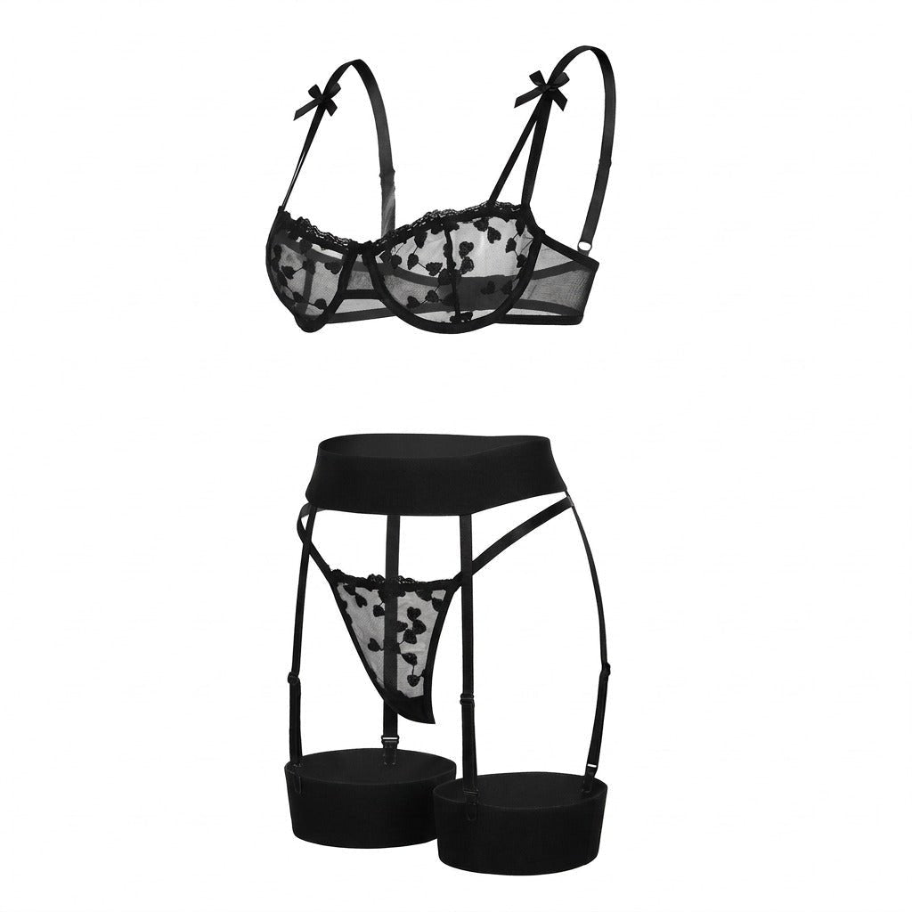 Emma | Dames Geborduurd Mesh Lingerie Set Jarretelgordel