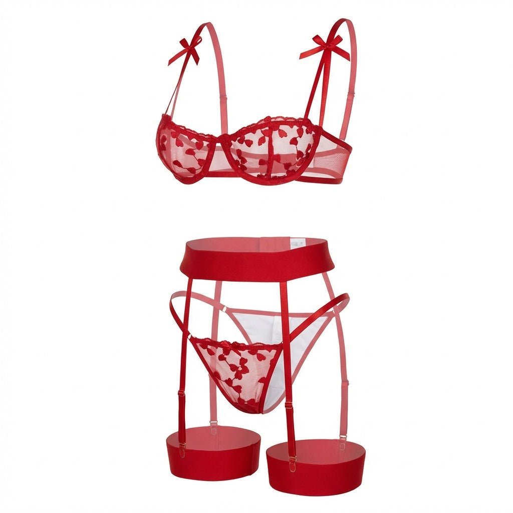 Emma | Dames Geborduurd Mesh Lingerie Set Jarretelgordel