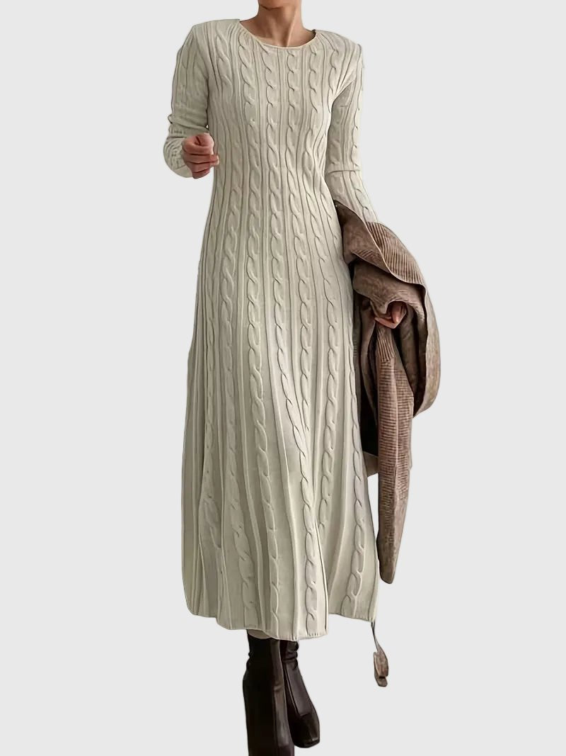 Fleur | Dames Gebreide Cable-Knit Maxi-jurk met Ronde Hals en Lange Mouwen