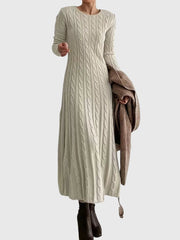 Fleur | Dames Gebreide Cable-Knit Maxi-jurk met Ronde Hals en Lange Mouwen