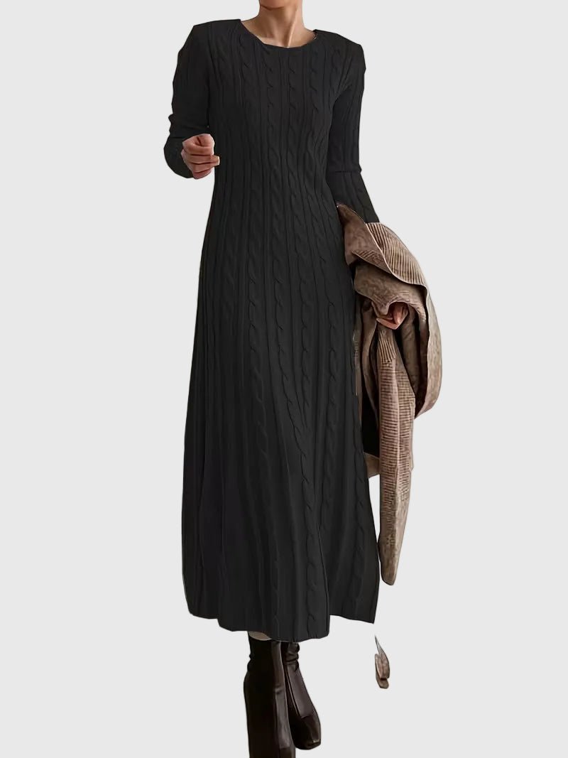 Fleur | Dames Gebreide Cable-Knit Maxi-jurk met Ronde Hals en Lange Mouwen