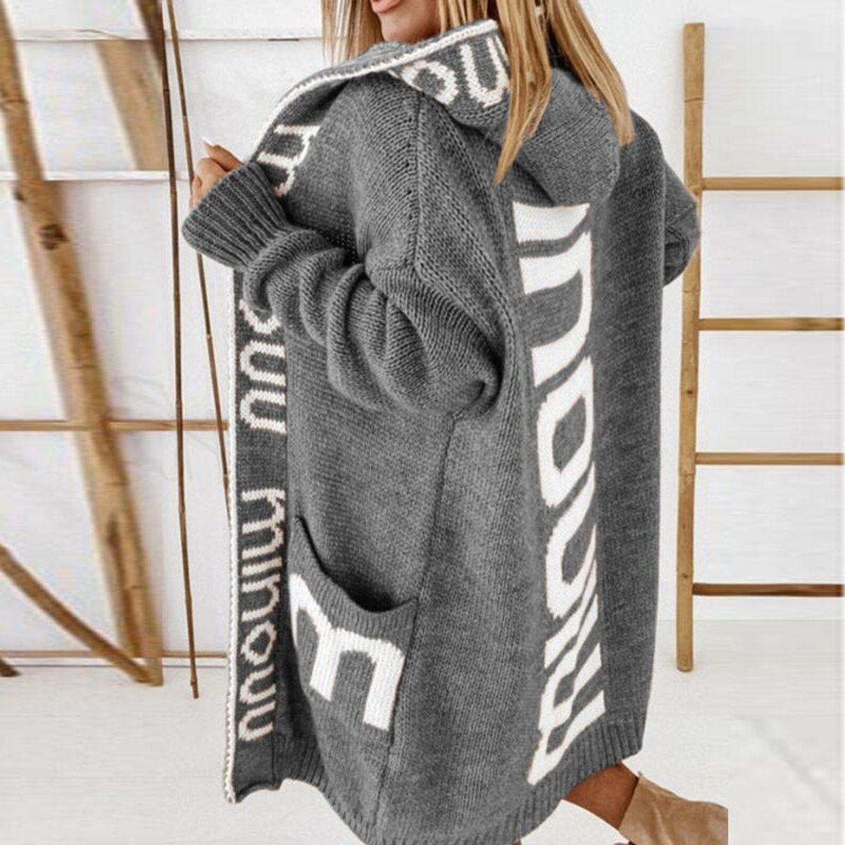 Julia | Dames Gebreide Capuchon Vest Oversized Letterpatroon Cardigan