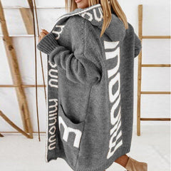 Julia | Dames Gebreide Capuchon Vest Oversized Letterpatroon Cardigan