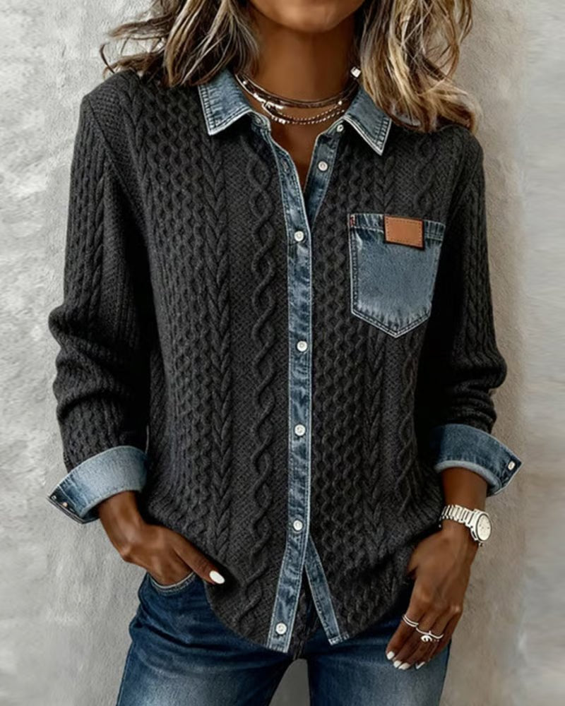 Roos | Dames Gebreide Casual Blouse met Denim Patchwork Lange Mouwen