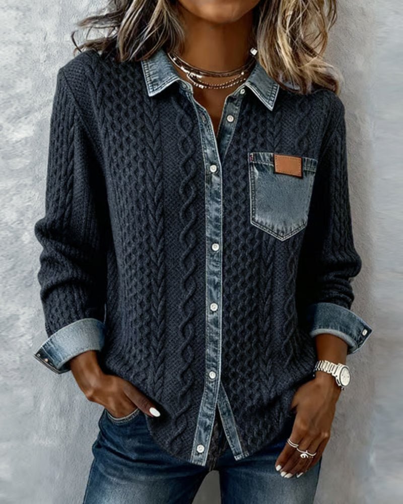 Roos | Dames Gebreide Casual Blouse met Denim Patchwork Lange Mouwen