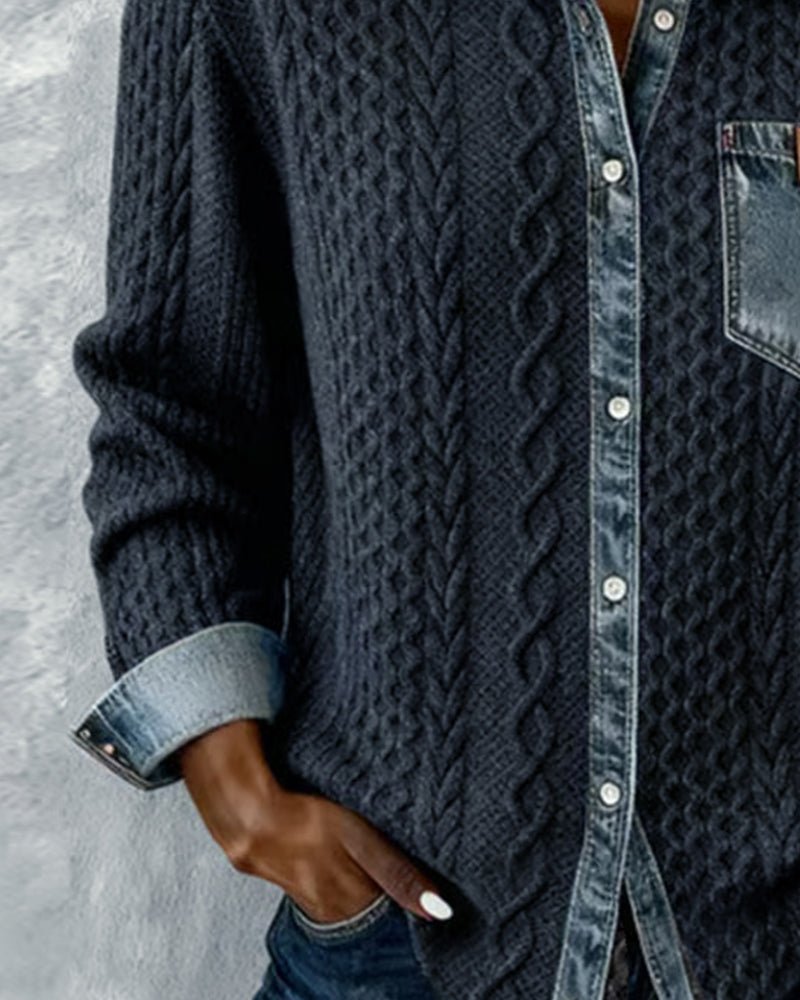 Roos | Dames Gebreide Casual Blouse met Denim Patchwork Lange Mouwen