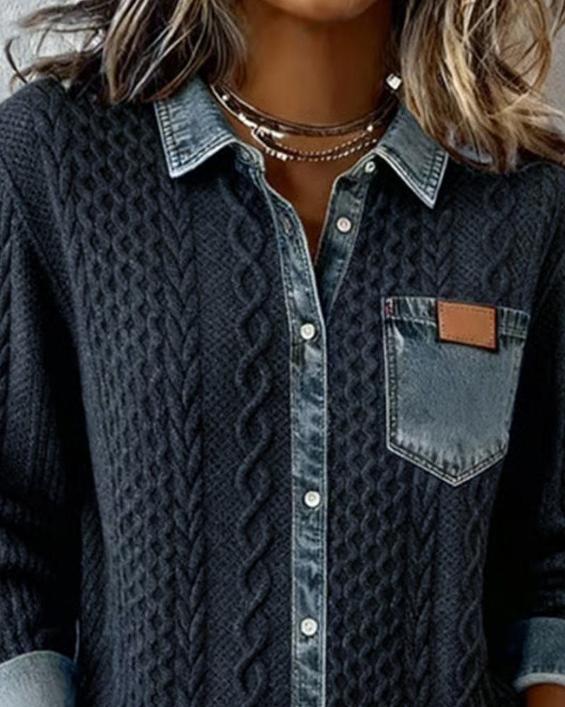 Roos | Dames Gebreide Casual Blouse met Denim Patchwork Lange Mouwen