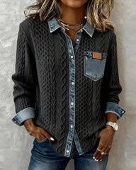 Roos | Dames Gebreide Casual Blouse met Denim Patchwork Lange Mouwen