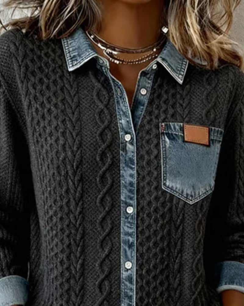 Roos | Dames Gebreide Casual Blouse met Denim Patchwork Lange Mouwen