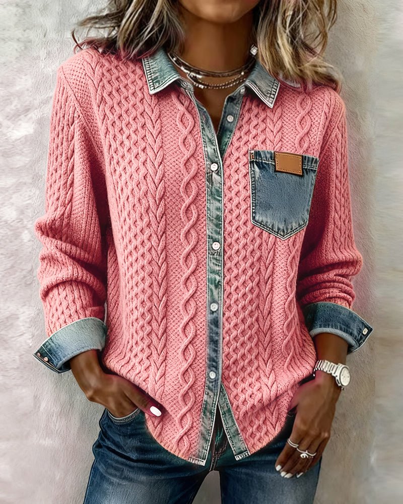 Roos | Dames Gebreide Casual Blouse met Denim Patchwork Lange Mouwen