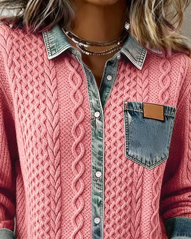 Roos | Dames Gebreide Casual Blouse met Denim Patchwork Lange Mouwen