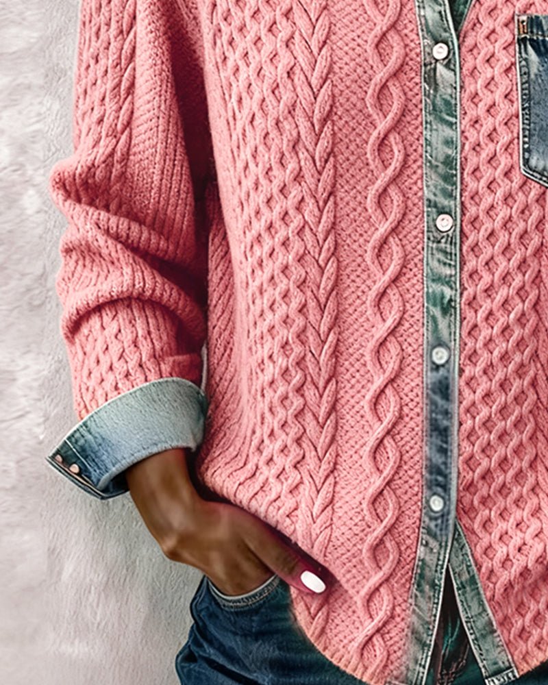Roos | Dames Gebreide Casual Blouse met Denim Patchwork Lange Mouwen
