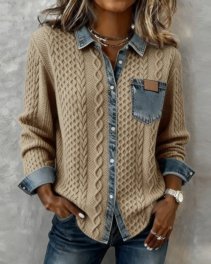 Roos | Dames Gebreide Casual Blouse met Denim Patchwork Lange Mouwen