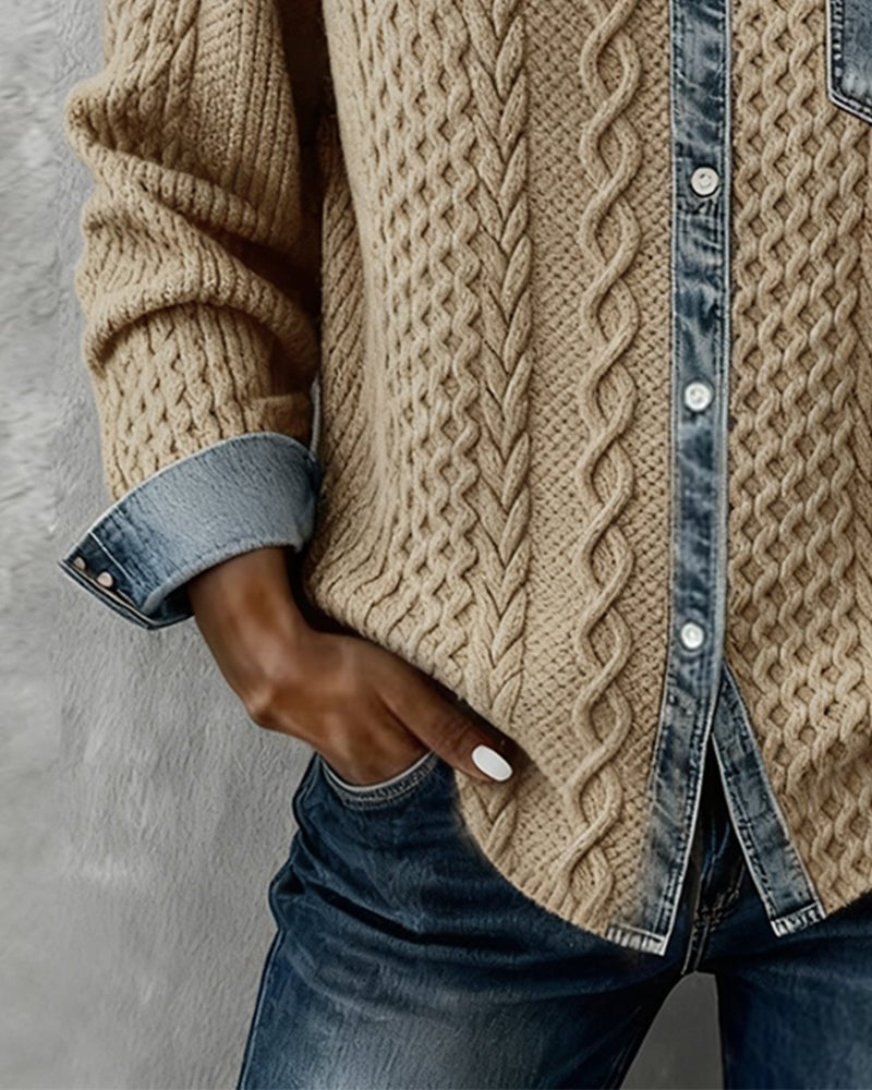 Roos | Dames Gebreide Casual Blouse met Denim Patchwork Lange Mouwen