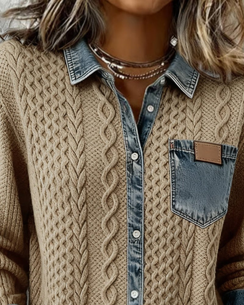Roos | Dames Gebreide Casual Blouse met Denim Patchwork Lange Mouwen