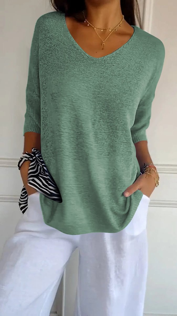 Femke | Dames Gebreide V-hals Top Halflange Mouw Relaxed Fit