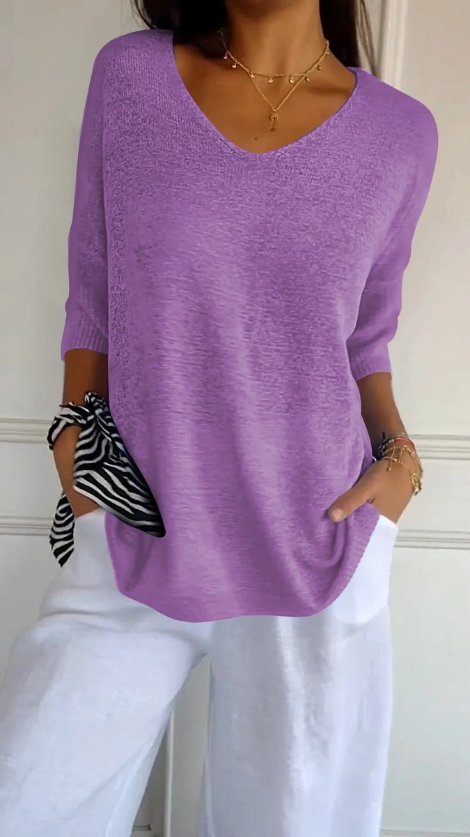 Femke | Dames Gebreide V-hals Top Halflange Mouw Relaxed Fit
