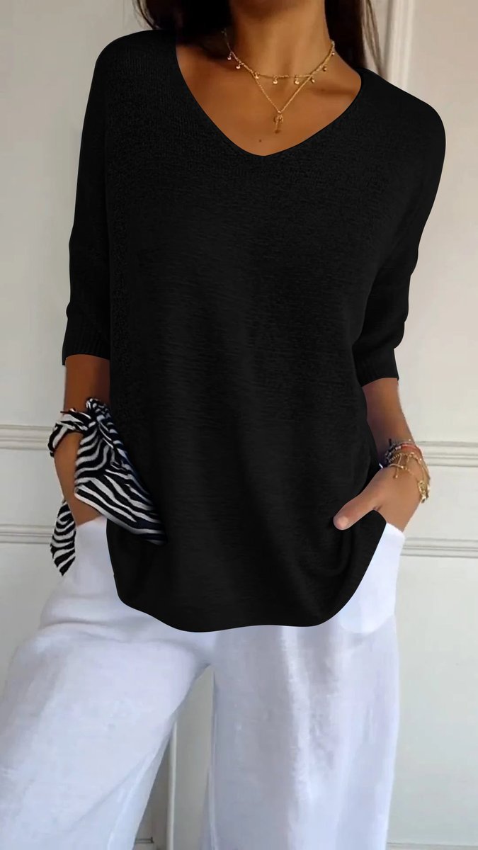 Femke | Dames Gebreide V-hals Top Halflange Mouw Relaxed Fit