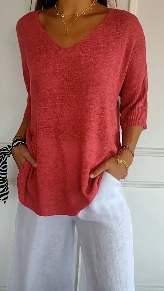 Femke | Dames Gebreide V-hals Top Halflange Mouw Relaxed Fit