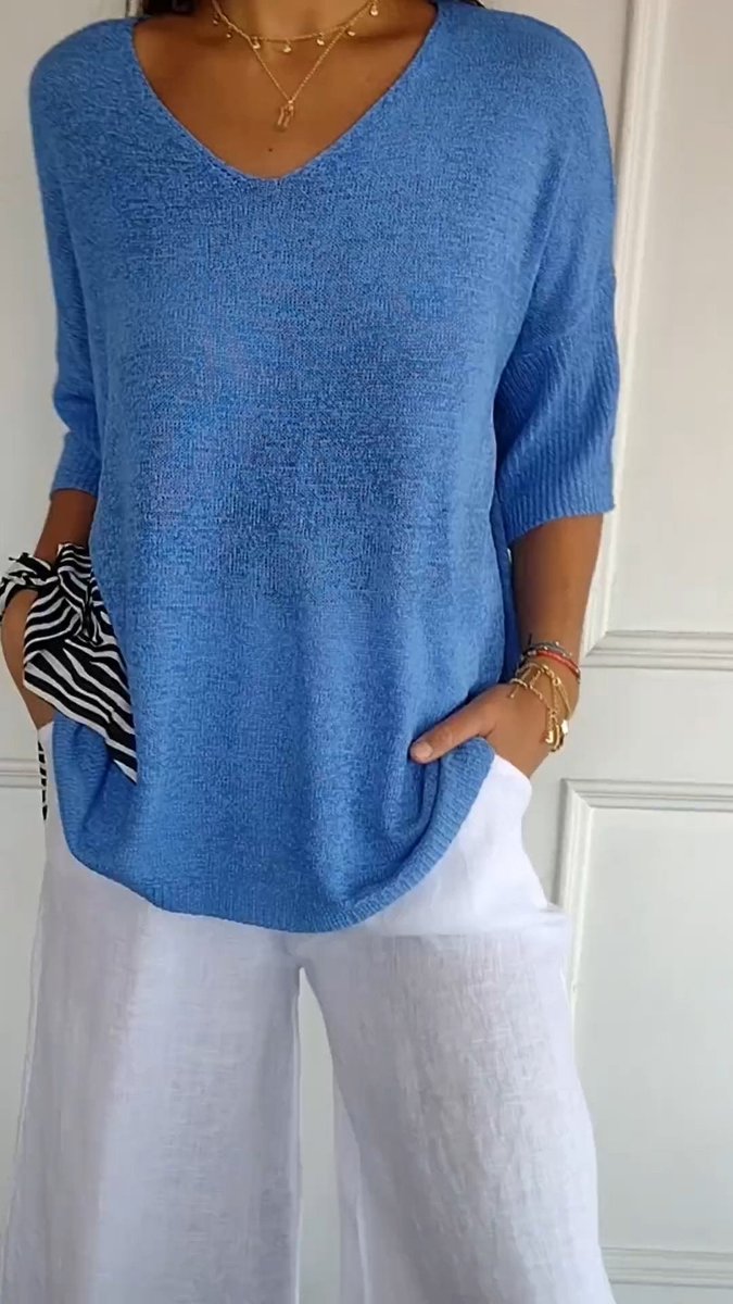 Femke | Dames Gebreide V-hals Top Halflange Mouw Relaxed Fit