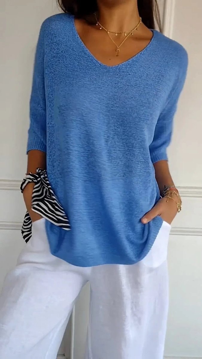 Femke | Dames Gebreide V-hals Top Halflange Mouw Relaxed Fit