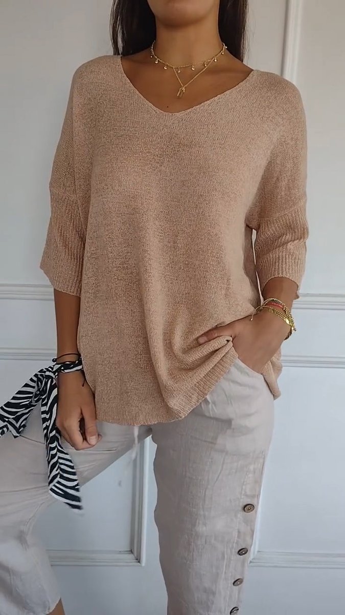 Femke | Dames Gebreide V-hals Top Halflange Mouw Relaxed Fit