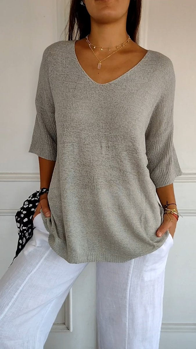 Femke | Dames Gebreide V-hals Top Halflange Mouw Relaxed Fit