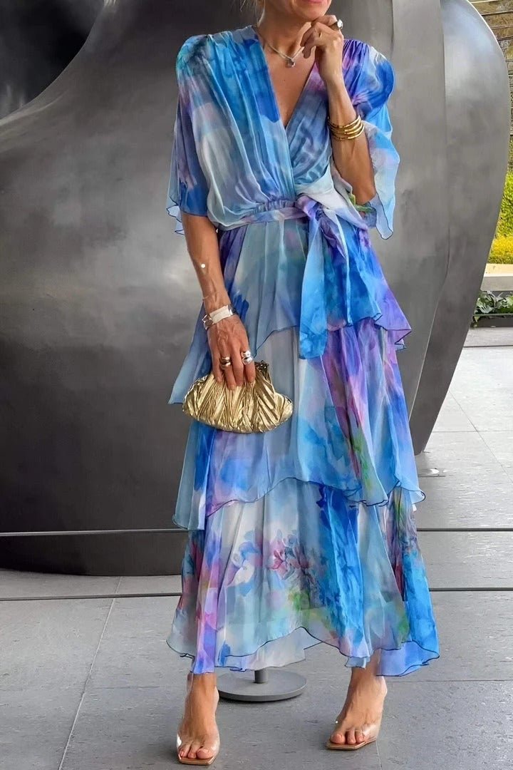 Julia | Dames Gelaagde Chiffon Bloemenprint Maxi Jurk