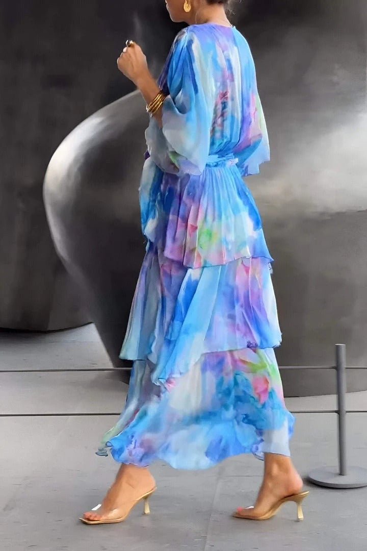 Julia | Dames Gelaagde Chiffon Bloemenprint Maxi Jurk