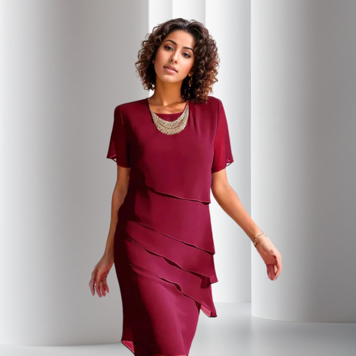 Sanne | Dames Gelaagde Chiffon Cocktail Party Dress met Korte Mouwen