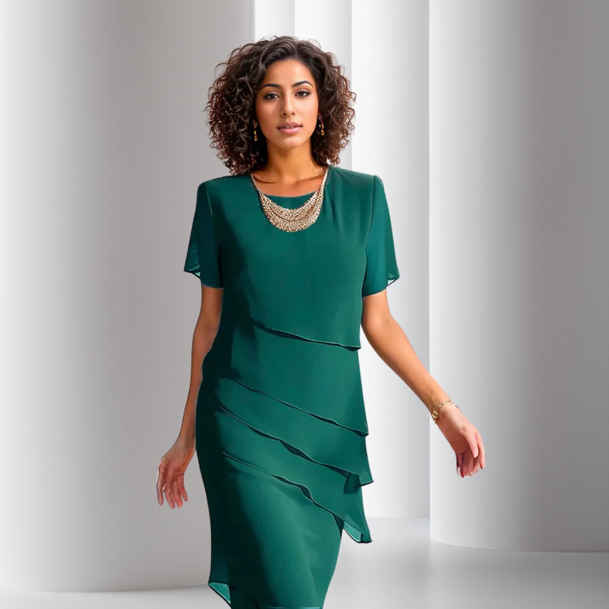 Sanne | Dames Gelaagde Chiffon Cocktail Party Dress met Korte Mouwen