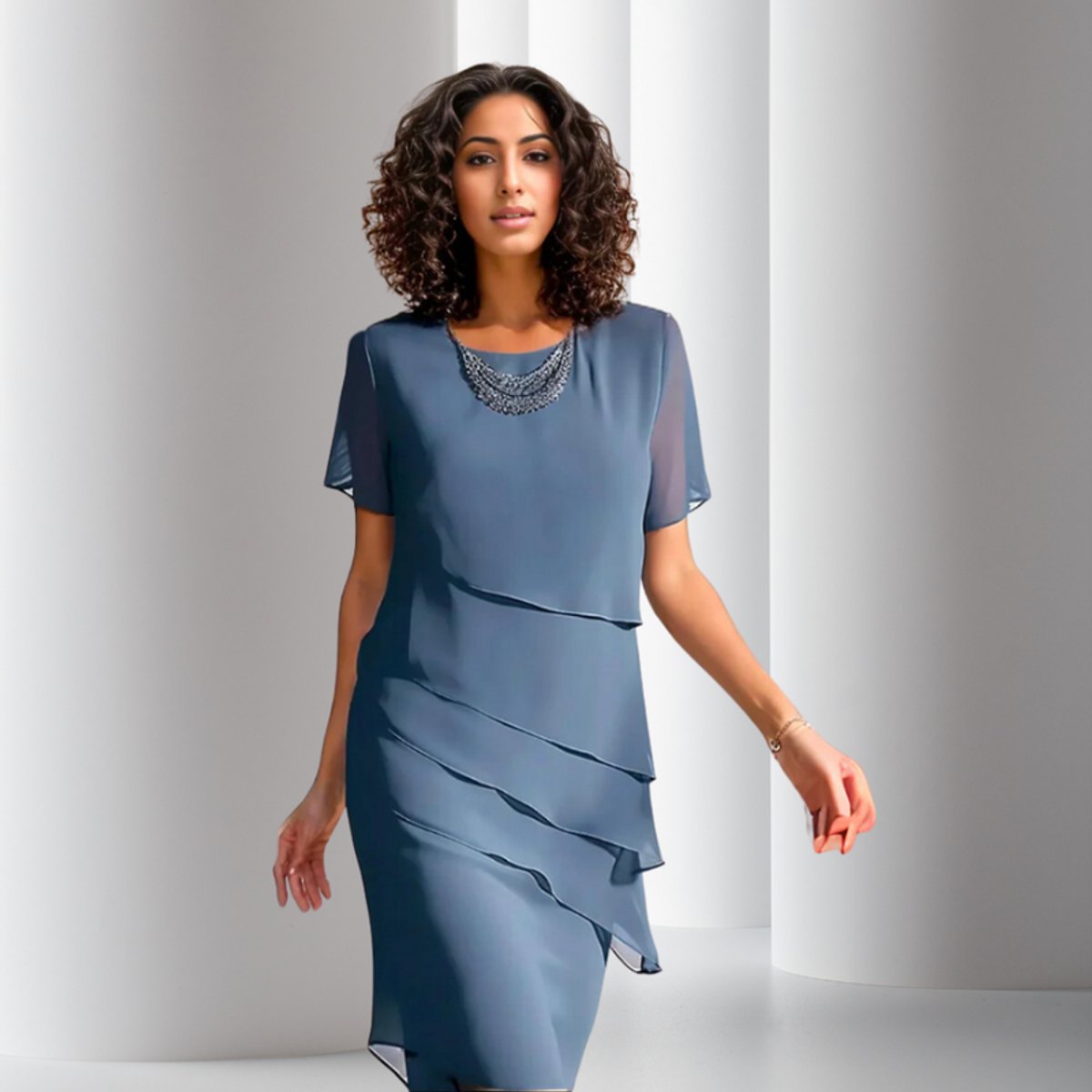 Sanne | Dames Gelaagde Chiffon Cocktail Party Dress met Korte Mouwen