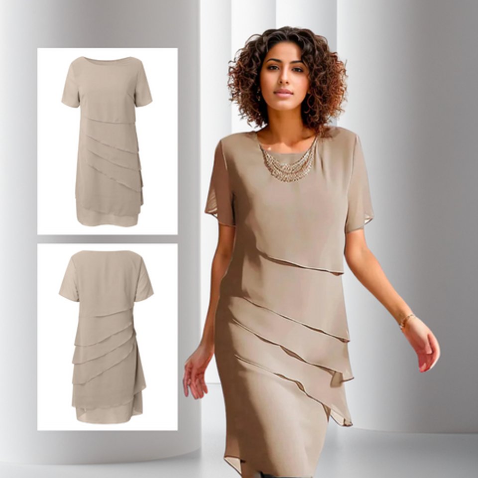 Sanne | Dames Gelaagde Chiffon Cocktail Party Dress met Korte Mouwen
