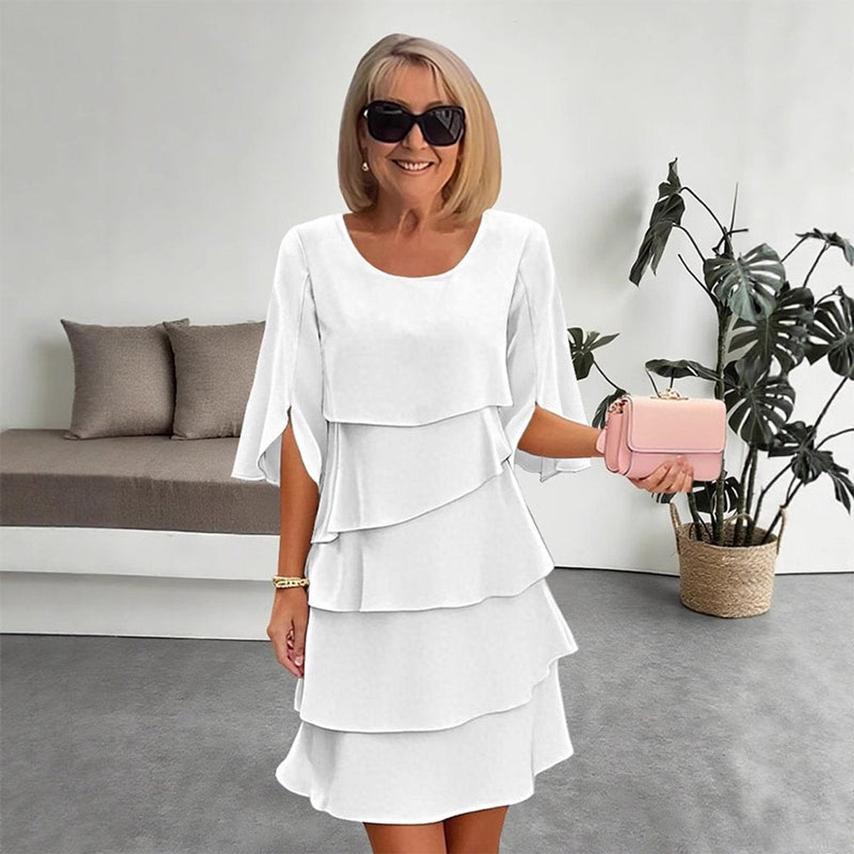 Eva | Dames Gelaagde Ruffle Mouw Midi Dress Chiffon