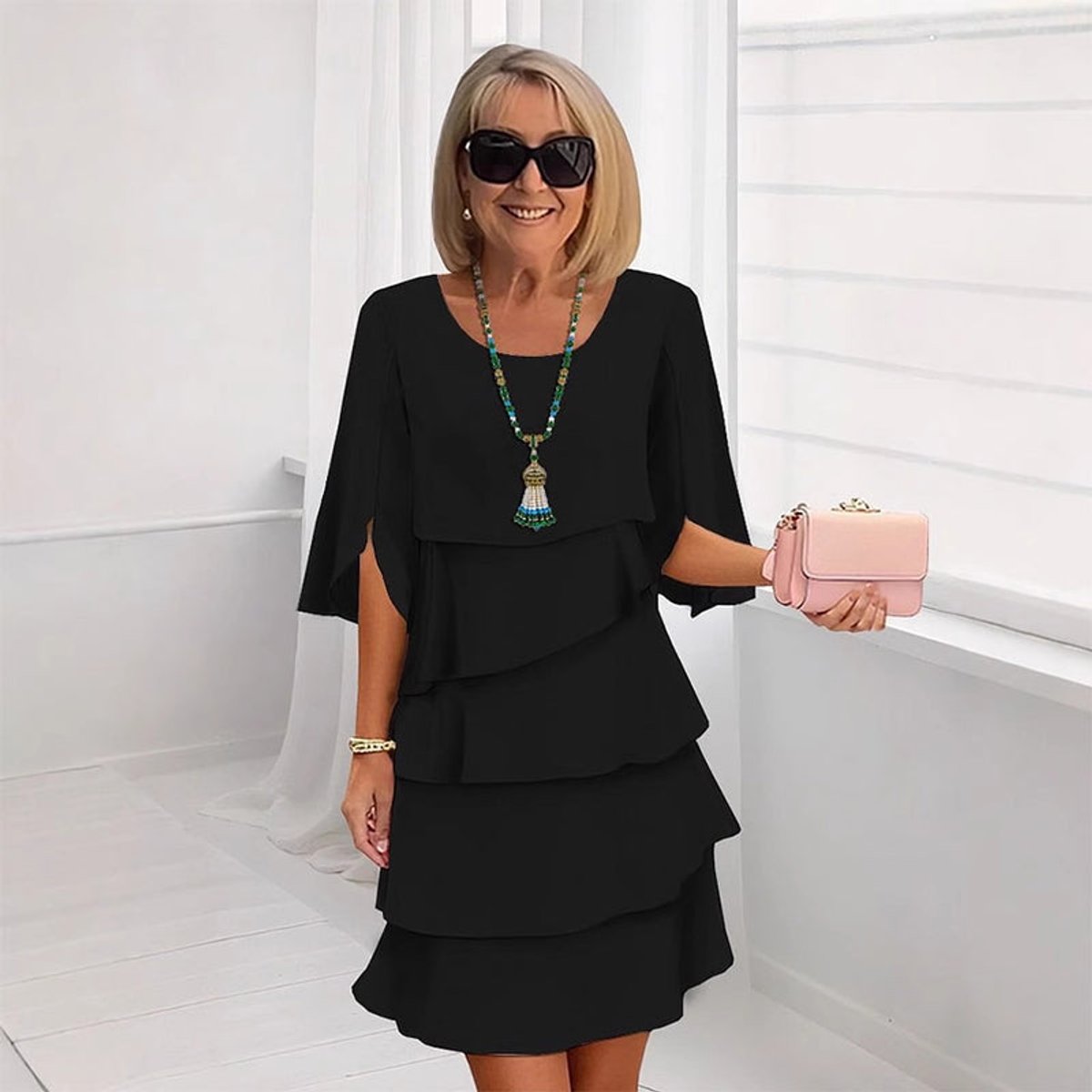 Eva | Dames Gelaagde Ruffle Mouw Midi Dress Chiffon