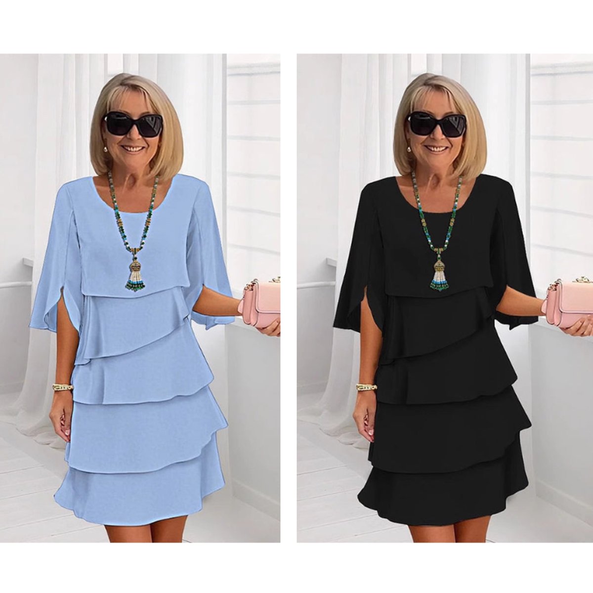 Eva | Dames Gelaagde Ruffle Mouw Midi Dress Chiffon