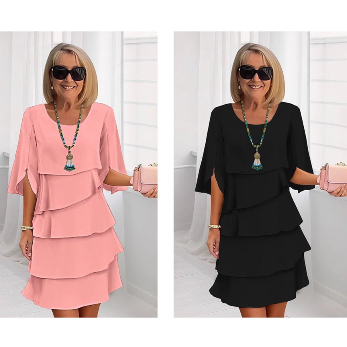 Eva | Dames Gelaagde Ruffle Mouw Midi Dress Chiffon
