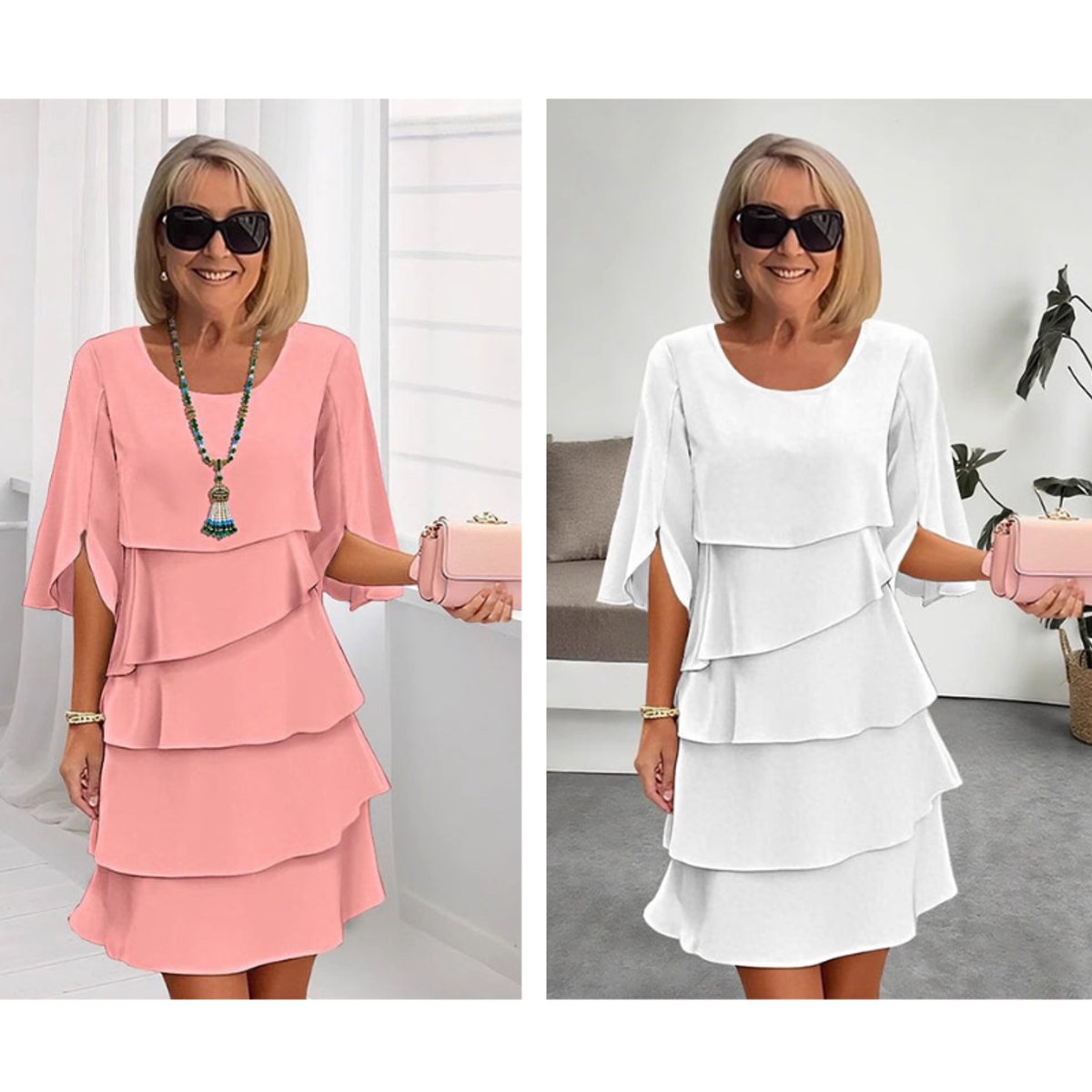 Eva | Dames Gelaagde Ruffle Mouw Midi Dress Chiffon