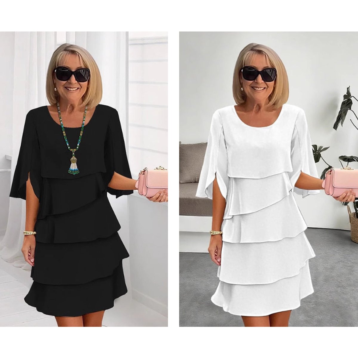 Eva | Dames Gelaagde Ruffle Mouw Midi Dress Chiffon