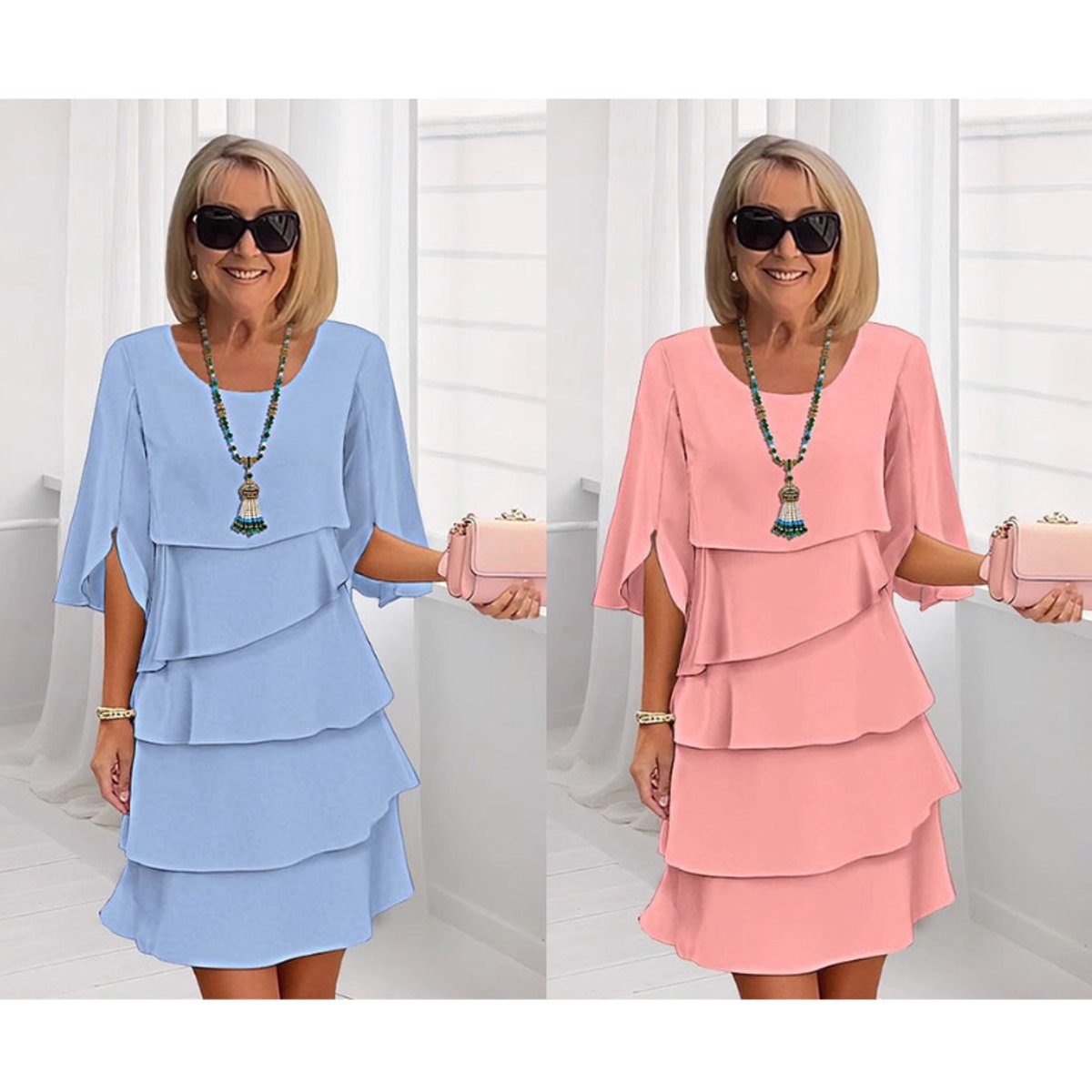 Eva | Dames Gelaagde Ruffle Mouw Midi Dress Chiffon