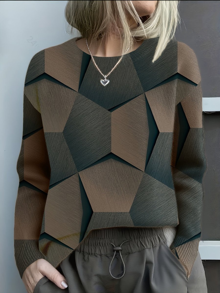Yara | Dames Geometrische Knit Sweater Ronde Hals Lange Mouw