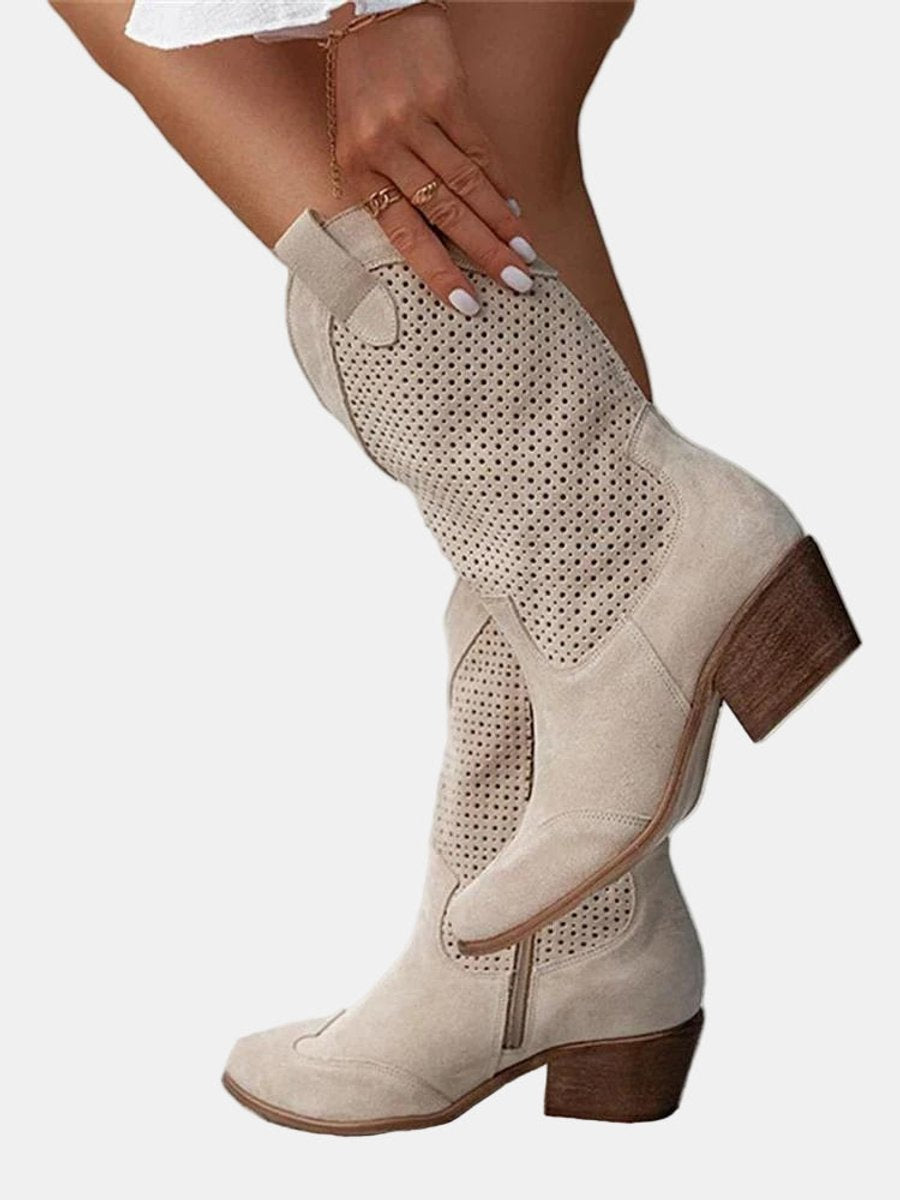 Sanne | Dames Geperforeerde Suède Knee High Boots Blokhak