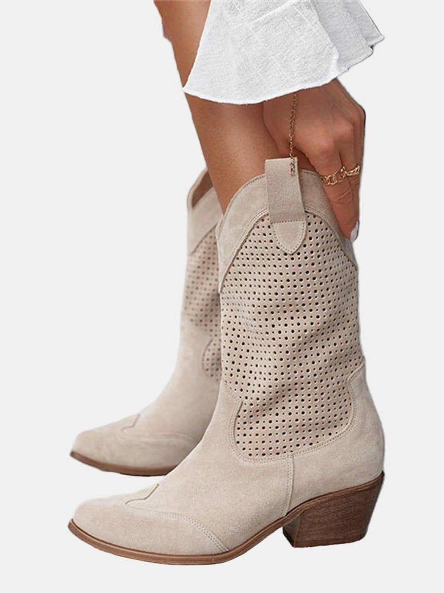 Sanne | Dames Geperforeerde Suède Knee High Boots Blokhak