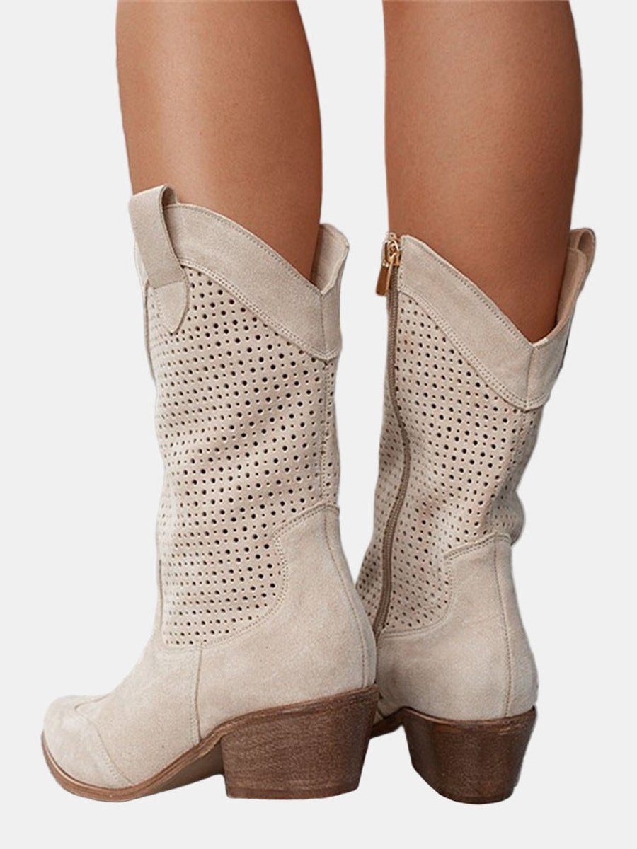 Sanne | Dames Geperforeerde Suède Knee High Boots Blokhak