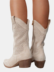 Sanne | Dames Geperforeerde Suède Knee High Boots Blokhak