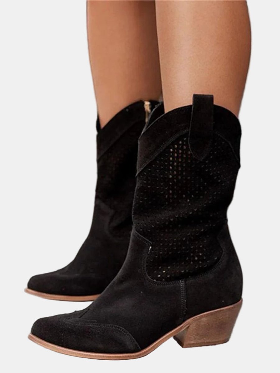 Sanne | Dames Geperforeerde Suède Knee High Boots Blokhak