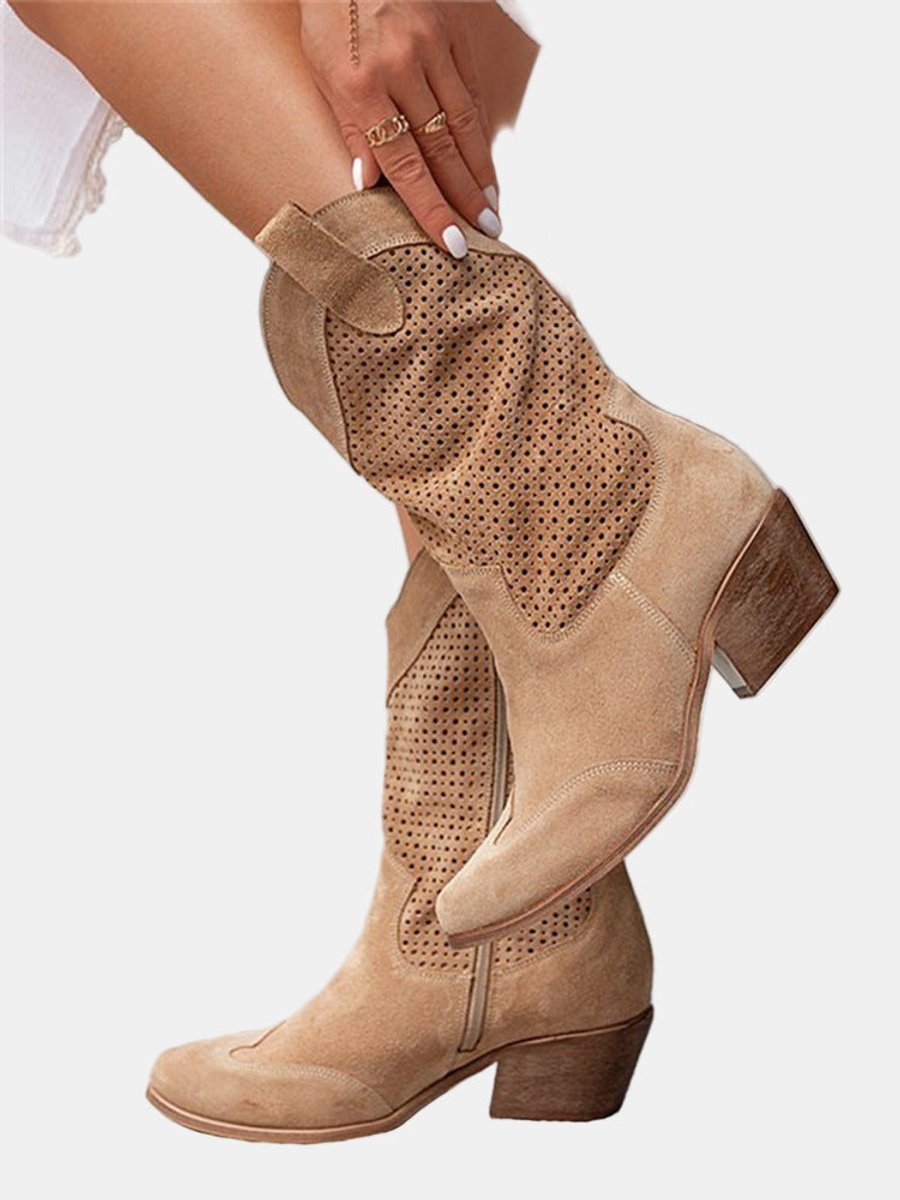 Sanne | Dames Geperforeerde Suède Knee High Boots Blokhak