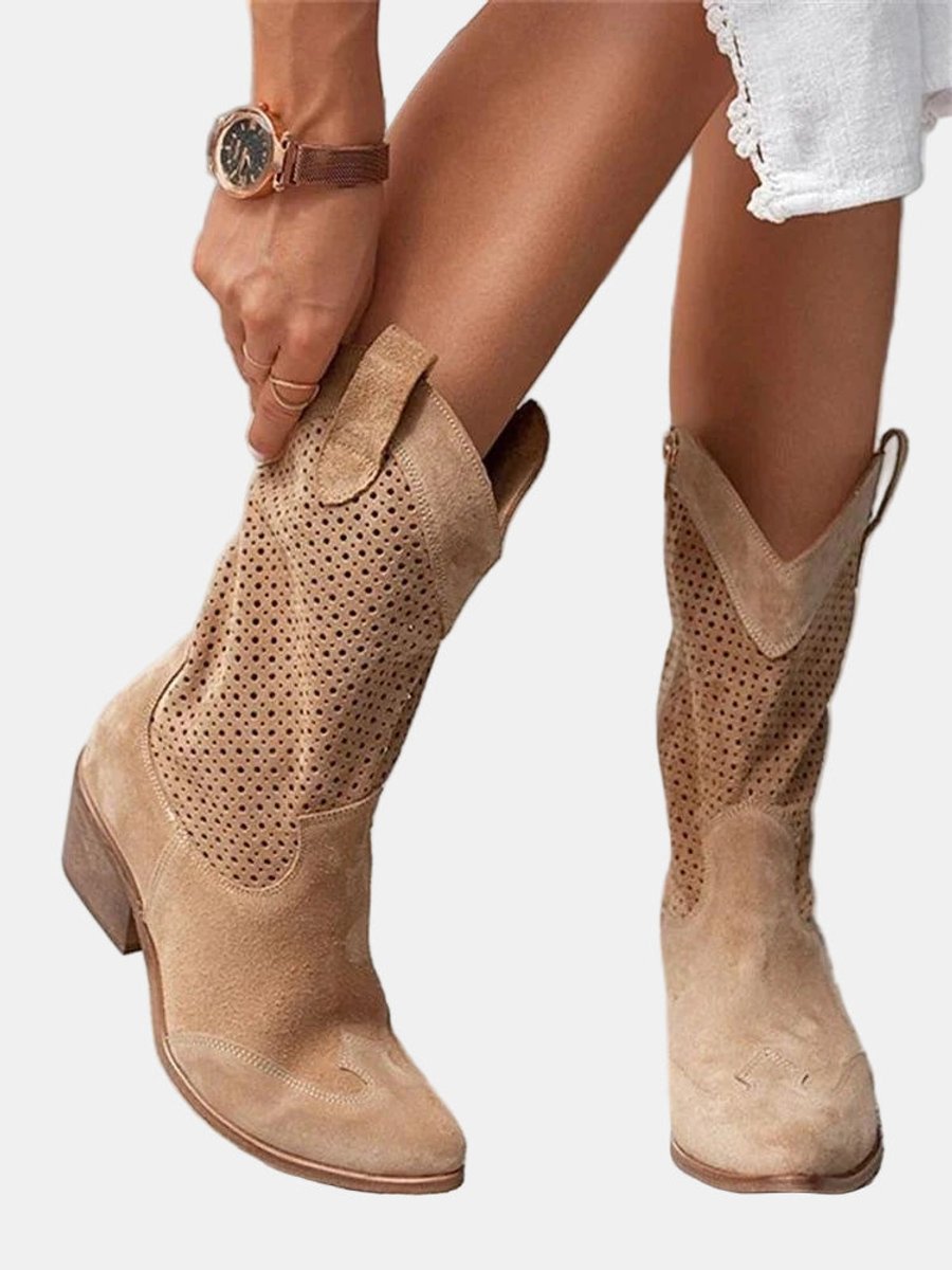 Sanne | Dames Geperforeerde Suède Knee High Boots Blokhak