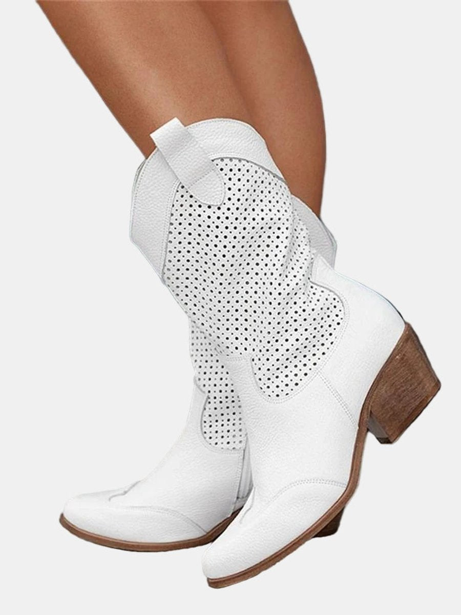 Sanne | Dames Geperforeerde Suède Knee High Boots Blokhak