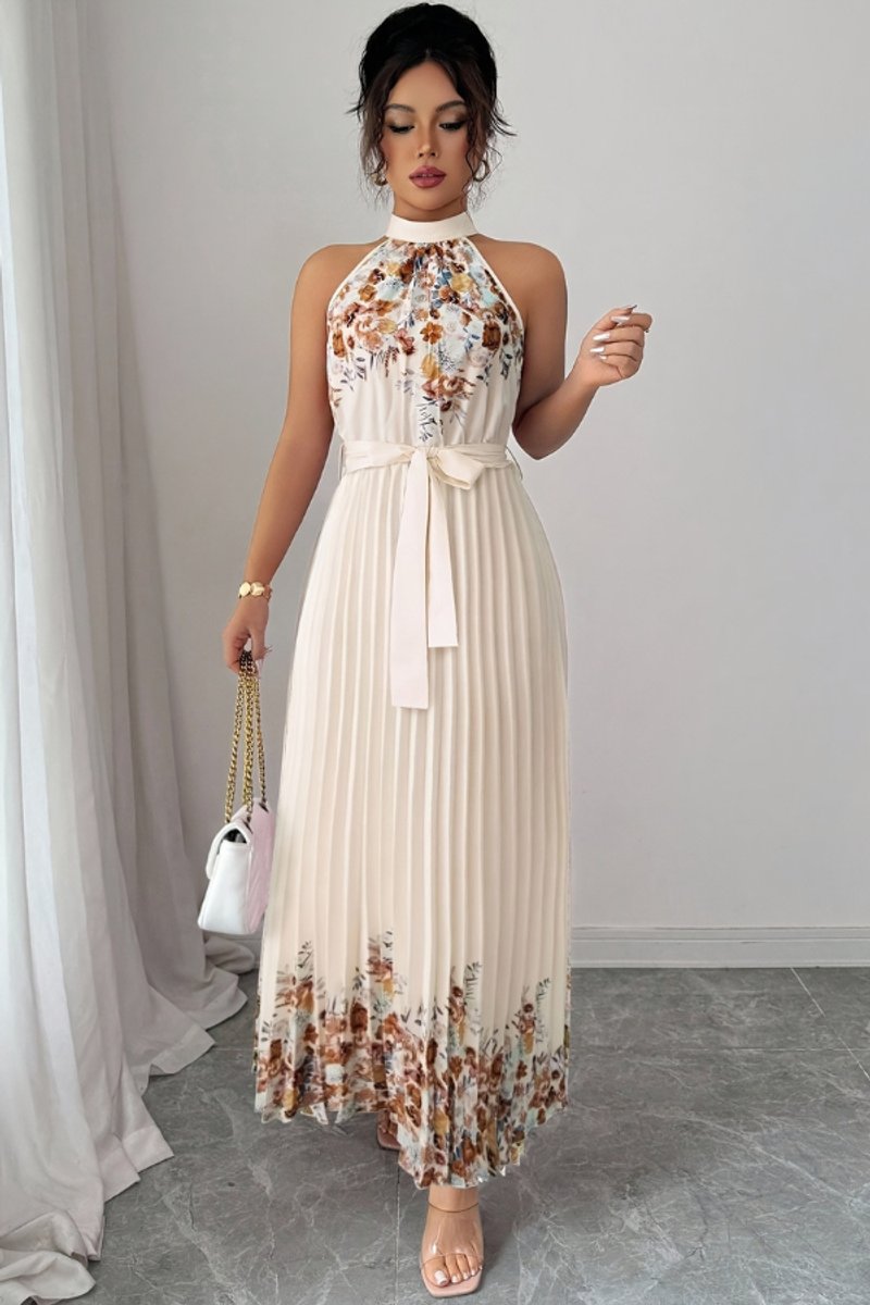 Nina | Dames Geplooid Bloemenprint Halter Evening Gown Midi